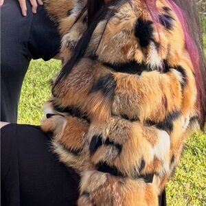 The Jetset Diaries Elegant short calico genuine fox patchwork fur & leather coat